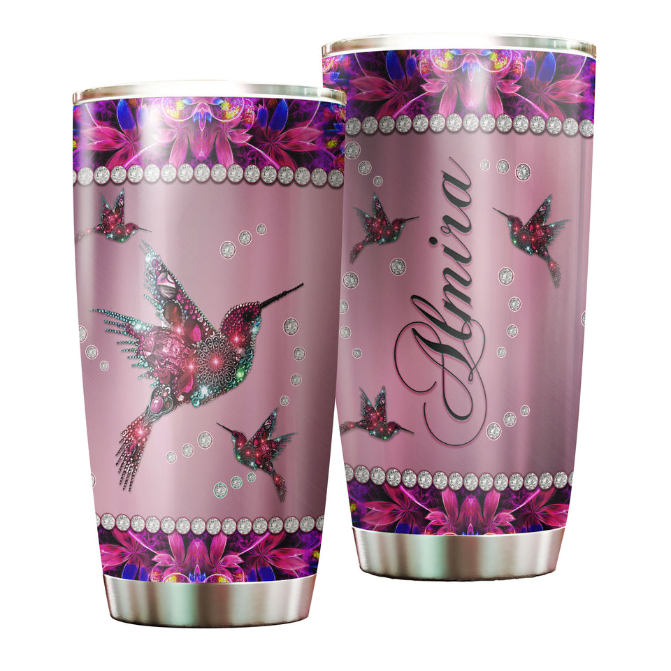 Camellia Personalized Hummingbirds Flowers Jewelry Style Stainless Steel Tumbler - Double-Walled Insulation Travel Thermal Cup With Lid Gift For Kids Animal Lover
