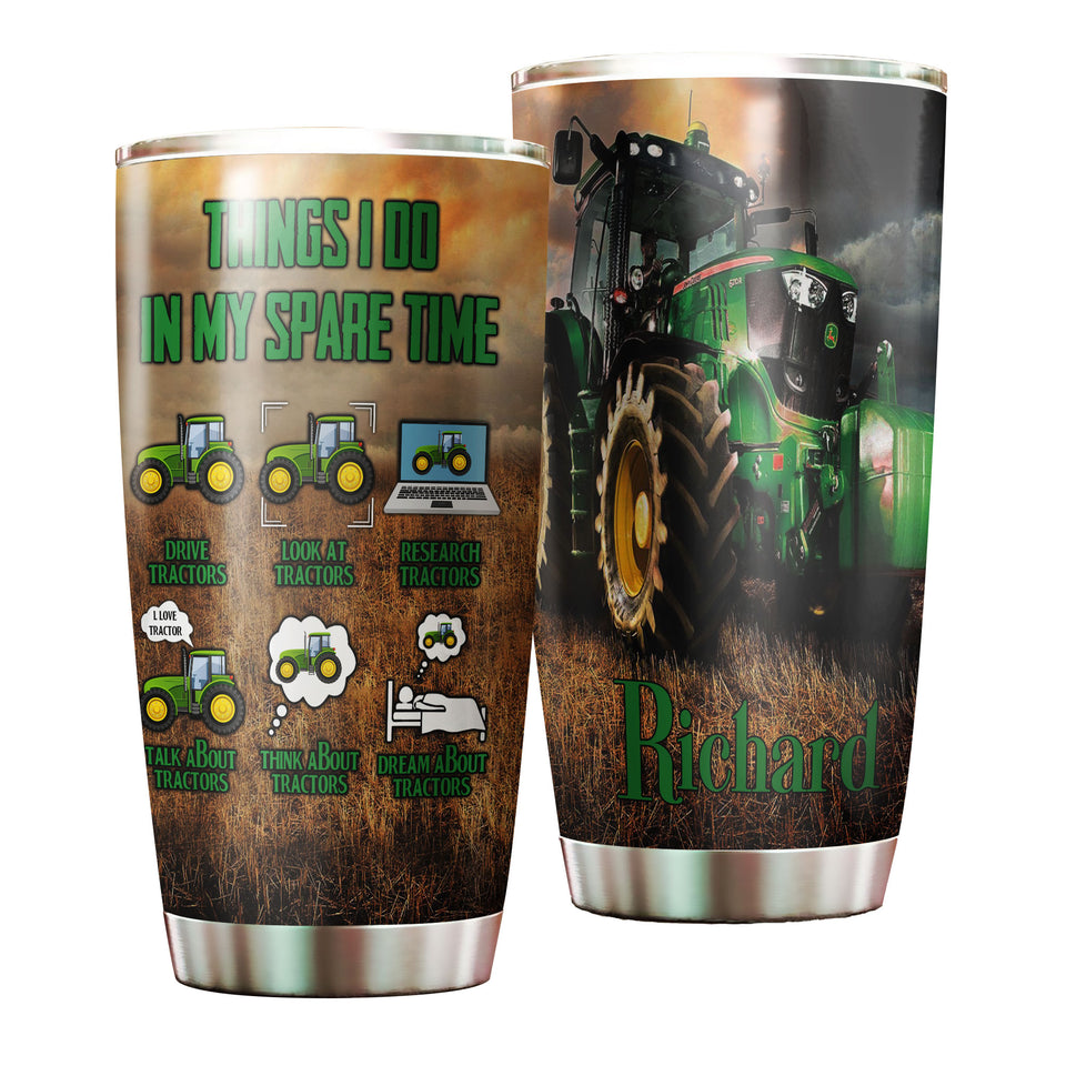 Camellia Personalized Green Tractor Things I Do In My Spare Time Farming Stainless Steel Tumbler - Double-Walled Insulation Travel Thermal Cup With Lid Gift For Farm Tractor Lover