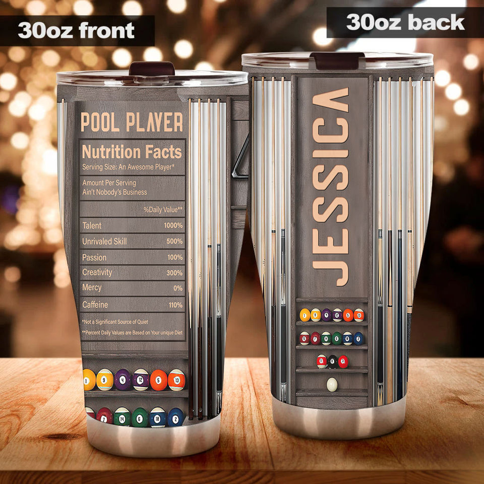 Camellia Personalized Billiards Balls Pool Player Nutrition Facts Wooden Style Stainless Steel Tumbler - Double-Walled Insulation Sporty Thermal Cup With Lid Gift For Billiards Pool