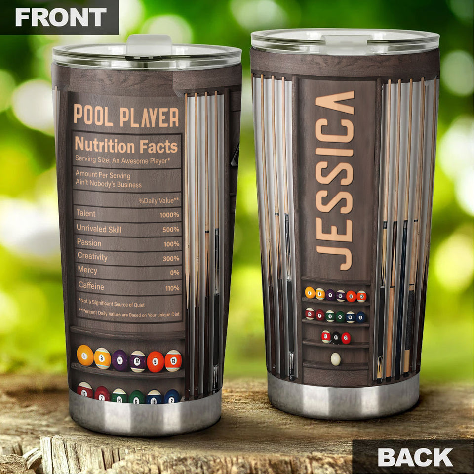 Camellia Personalized Billiards Balls Pool Player Nutrition Facts Wooden Style Stainless Steel Tumbler - Double-Walled Insulation Sporty Thermal Cup With Lid Gift For Billiards Pool