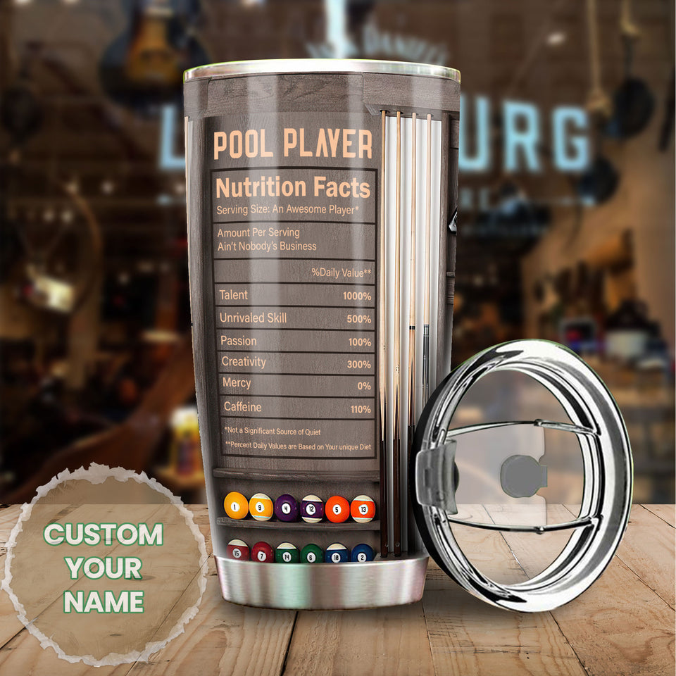 Camellia Personalized Billiards Balls Pool Player Nutrition Facts Wooden Style Stainless Steel Tumbler - Double-Walled Insulation Sporty Thermal Cup With Lid Gift For Billiards Pool