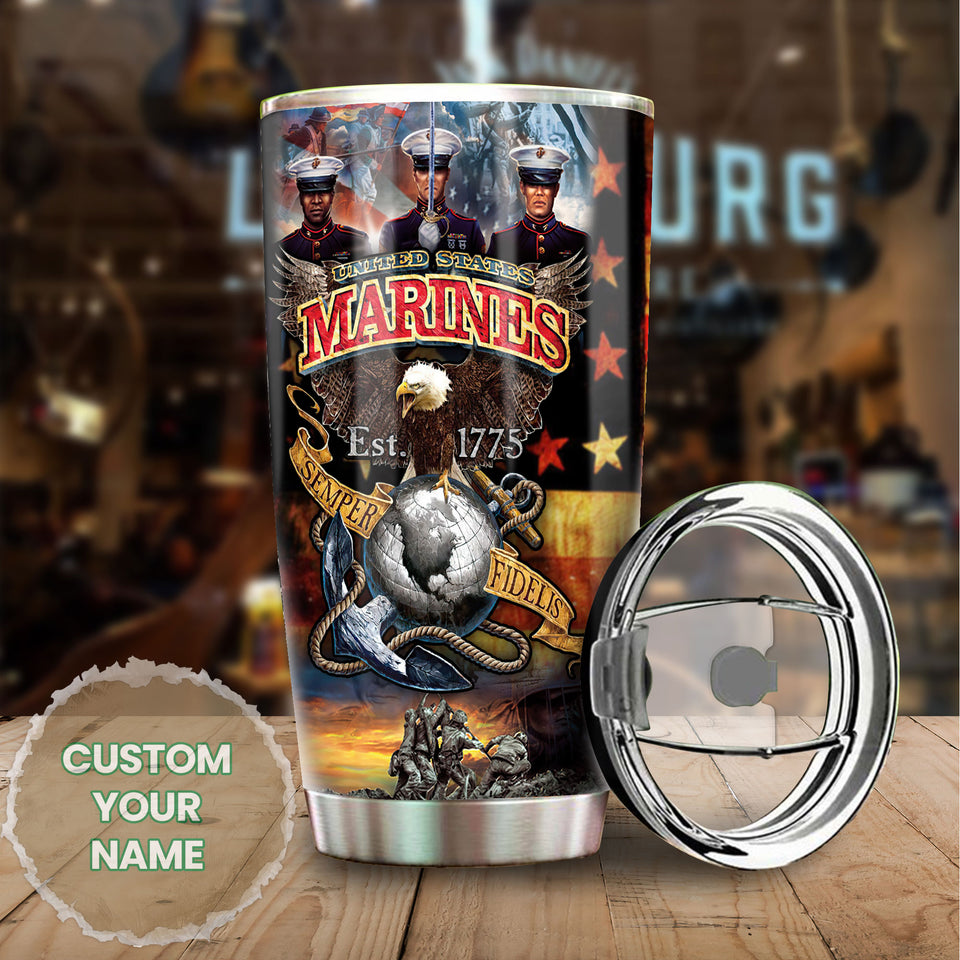 Camellia Personalized United States Navy Marines Ships Stainless Steel Tumbler - Customized Double-Walled Insulation Travel Thermal Cup With Lid Gift For Soldier Veteran
