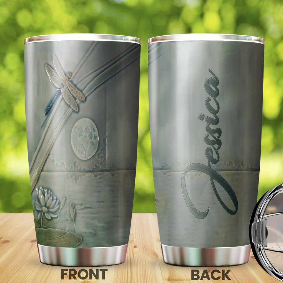 Camellia Personalized Dragonfly Lotus Lake Graphics Stainless Steel Tumbler - Double-Walled Insulation Travel Thermal Cup With Lid Gift For Nature Dragonfly Lover