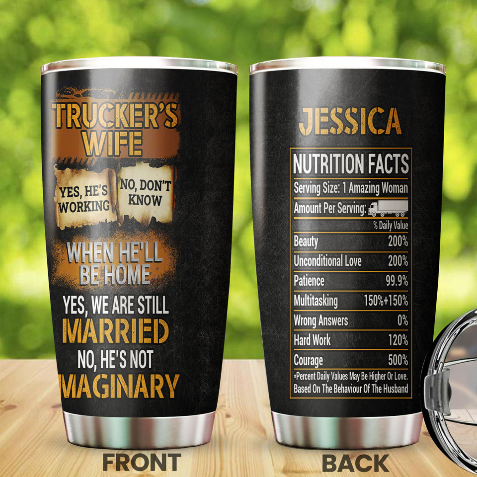 Camellia Personalized Trucker's Wife Nutrition Facts Stainless Steel Tumbler - Double-Walled Insulation Travel Thermal Cup With Lid Gift For Trucker Wife Couple Truck Driver