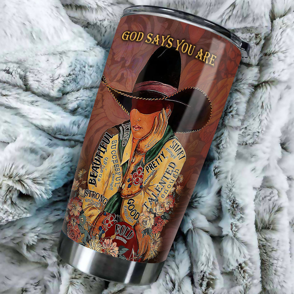 Camellia Personalized Cowboy God Says You Are Beautiful Smart Stainless Steel Tumbler - Double-Walled Insulation Thermal Cup With Lid Gift For Teenager Hipster