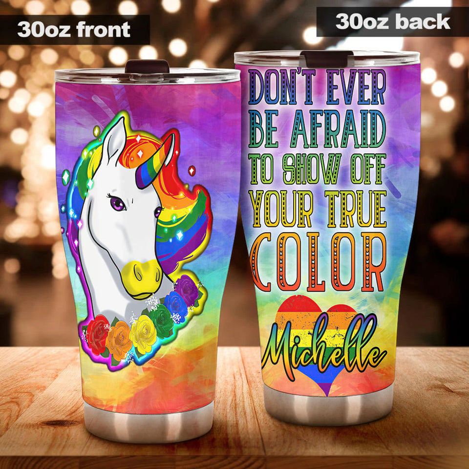 Camellia Personalized Rainbow Unicorn LGBT Pride Month Graphics Stainless Steel Tumbler - Double-Walled Insulation Thermal Cup With Lid Gift For Gay Lesbian