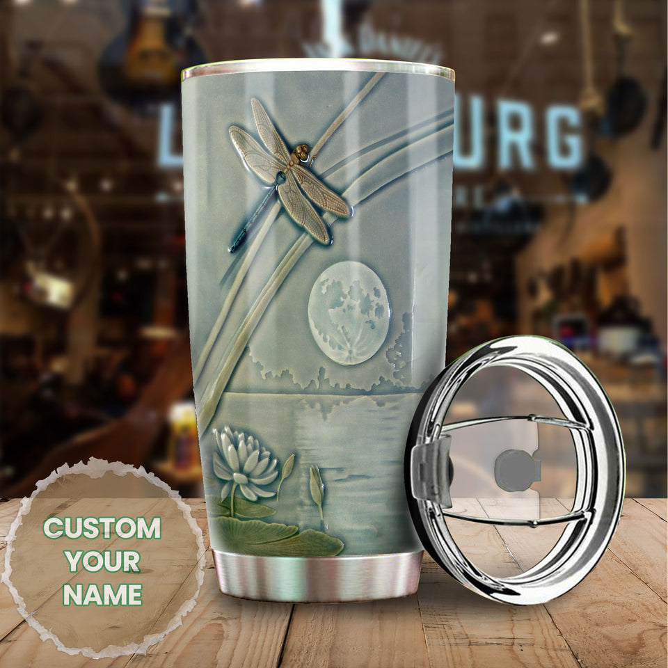 Camellia Personalized Dragonfly Lotus Lake Graphics Stainless Steel Tumbler - Double-Walled Insulation Travel Thermal Cup With Lid Gift For Nature Dragonfly Lover