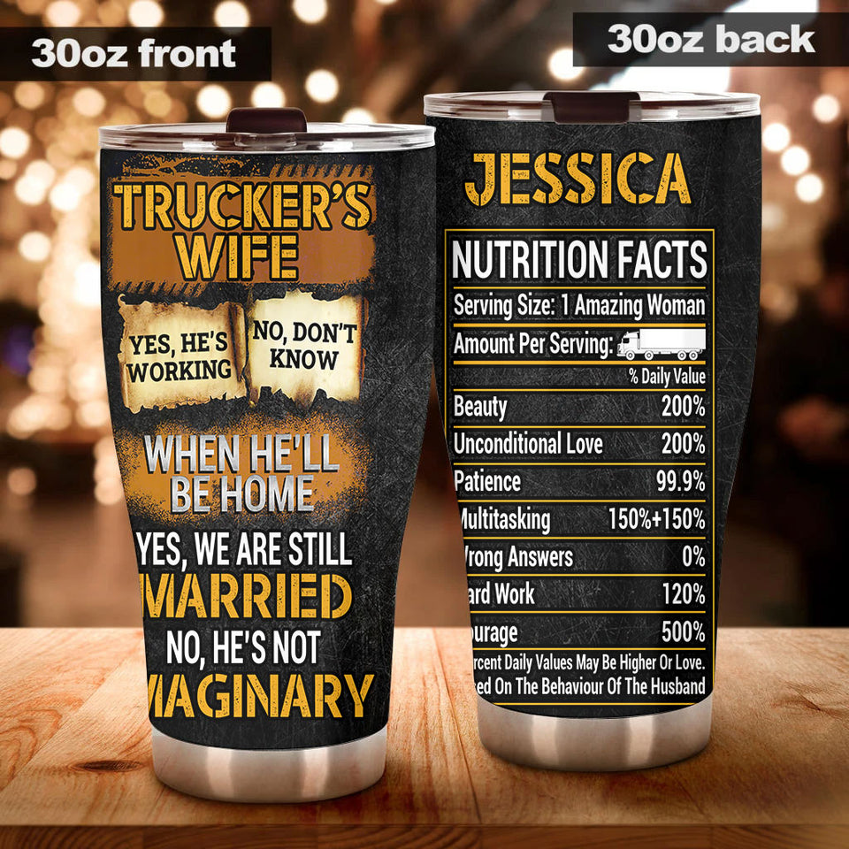 Camellia Personalized Trucker's Wife Nutrition Facts Stainless Steel Tumbler - Double-Walled Insulation Travel Thermal Cup With Lid Gift For Trucker Wife Couple Truck Driver
