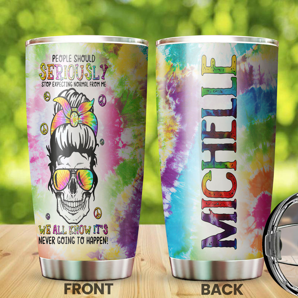 Camellia Personalized Tye Dye Skull Hippie Girl Stop Expecting Normal From Me Stainless Steel Tumbler - Double-Walled Insulation Thermal Cup With Lid Gift For Hipster Peace Lover