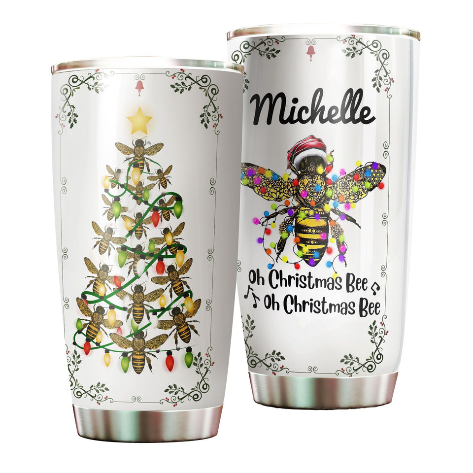 Camellia Personalized Oh Christmas Bee Honey Christmas Tree Stainless Steel Tumbler - Double-Walled Insulation Thermal Cup With Lid Gift For Xmas