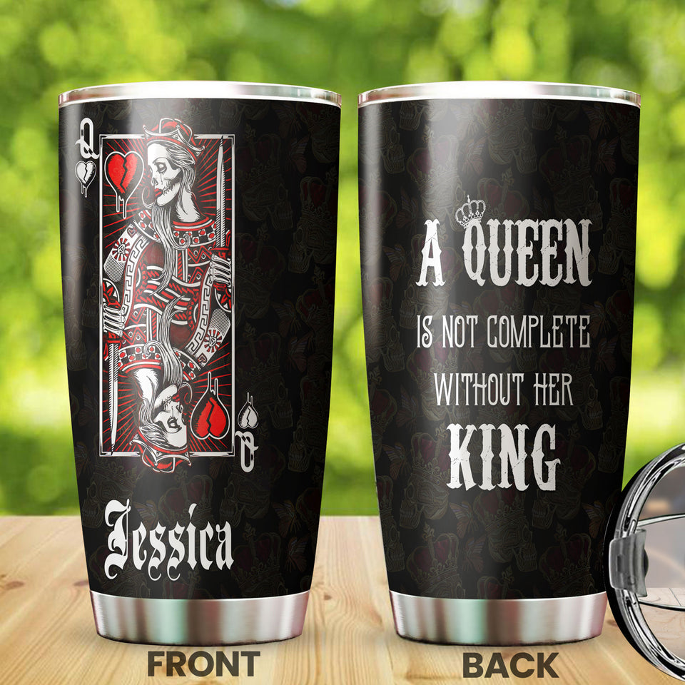Camellia Personalized Skull Queen Not Complete Without Her King Stainless Steel Tumbler - Double-Walled Insulation Travel Thermal Cup With Lid Gift For Valentines Day Couple