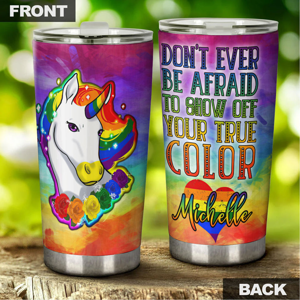 Camellia Personalized Rainbow Unicorn LGBT Pride Month Graphics Stainless Steel Tumbler - Double-Walled Insulation Thermal Cup With Lid Gift For Gay Lesbian
