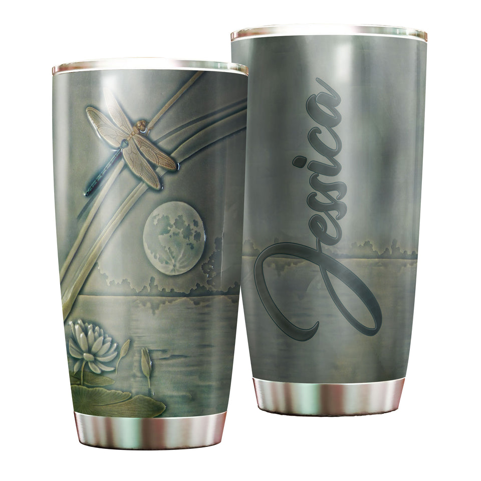 Camellia Personalized Dragonfly Lotus Lake Graphics Stainless Steel Tumbler - Double-Walled Insulation Travel Thermal Cup With Lid Gift For Nature Dragonfly Lover