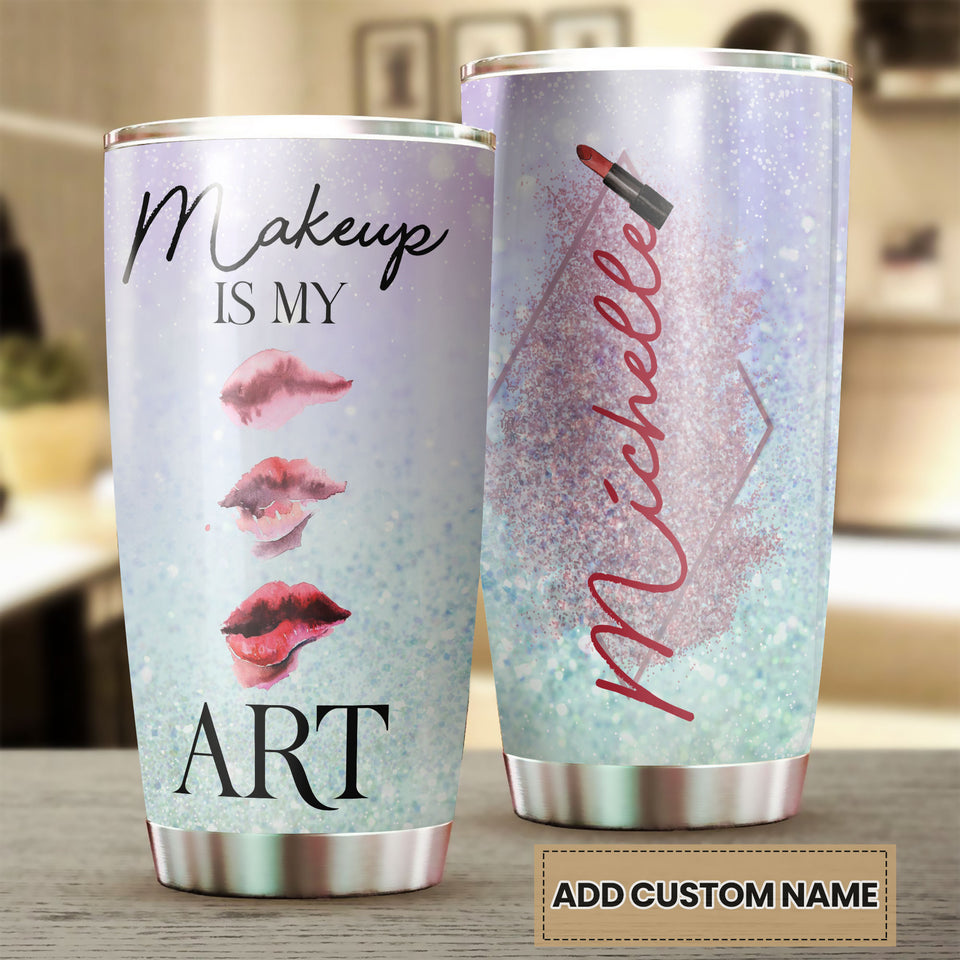 Camellia Personalized Make Up Is My Art Lipstick Stainless Steel Tumbler - Double-Walled Insulation Travel Thermal Cup With Lid Gift For Make Up Artist Hairstylist Women
