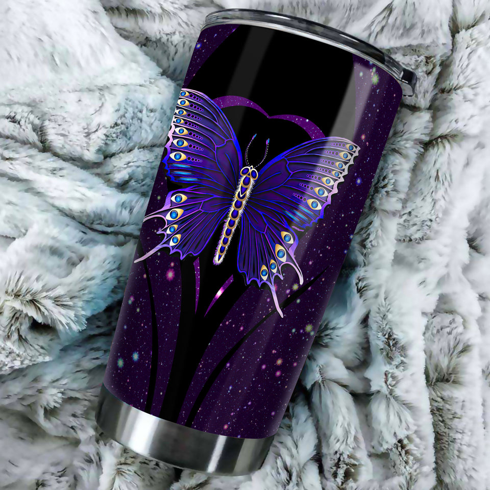 Camellia Personalized Purple Butterfly Heart Galaxy Graphics Stainless Steel Tumbler - Double-Walled Insulation Thermal Cup With Lid Gift For Memorial Day