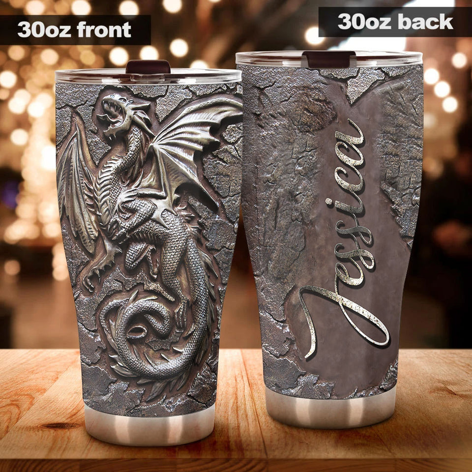 Camellia Personalized Viking Berserker Dragon Metal Style Graphic Stainless Steel Tumbler - Double-Walled Insulation Travel Thermal Cup With Lid Gift For Viking Lover