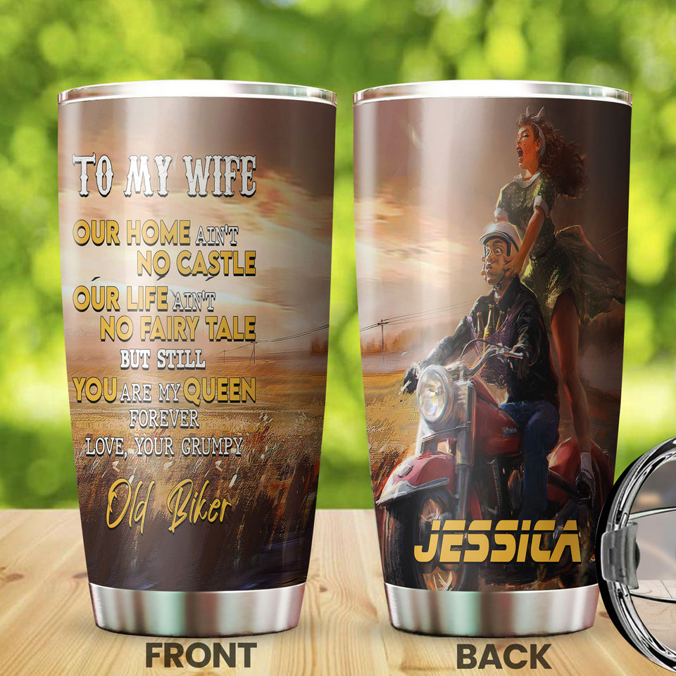 Camellia Personalized Biker Couple To My Wife Loving Letters Stainless Steel Tumbler - Double-Walled Insulation Travel Thermal Cup With Lid Gift For Valentines Day Couple Wife