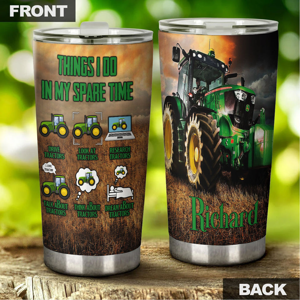 Camellia Personalized Green Tractor Things I Do In My Spare Time Farming Stainless Steel Tumbler - Double-Walled Insulation Travel Thermal Cup With Lid Gift For Farm Tractor Lover