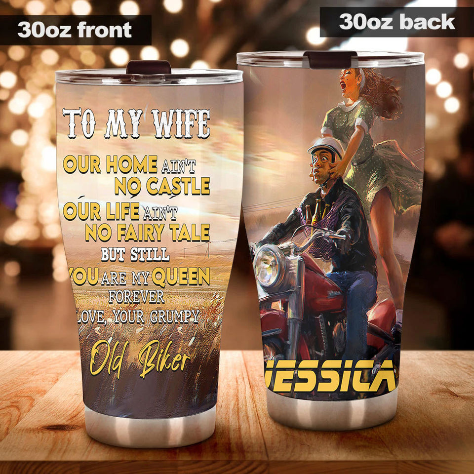 Camellia Personalized Biker Couple To My Wife Loving Letters Stainless Steel Tumbler - Double-Walled Insulation Travel Thermal Cup With Lid Gift For Valentines Day Couple Wife