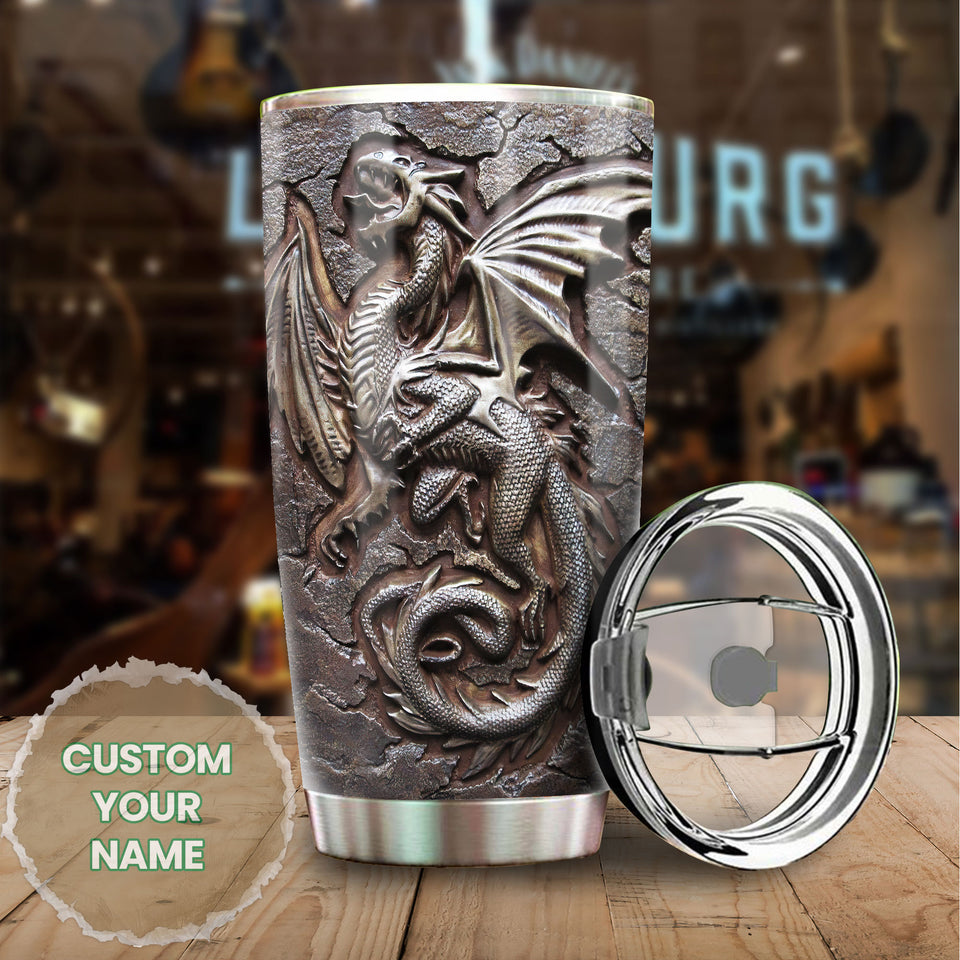 Camellia Personalized Viking Berserker Dragon Metal Style Graphic Stainless Steel Tumbler - Double-Walled Insulation Travel Thermal Cup With Lid Gift For Viking Lover