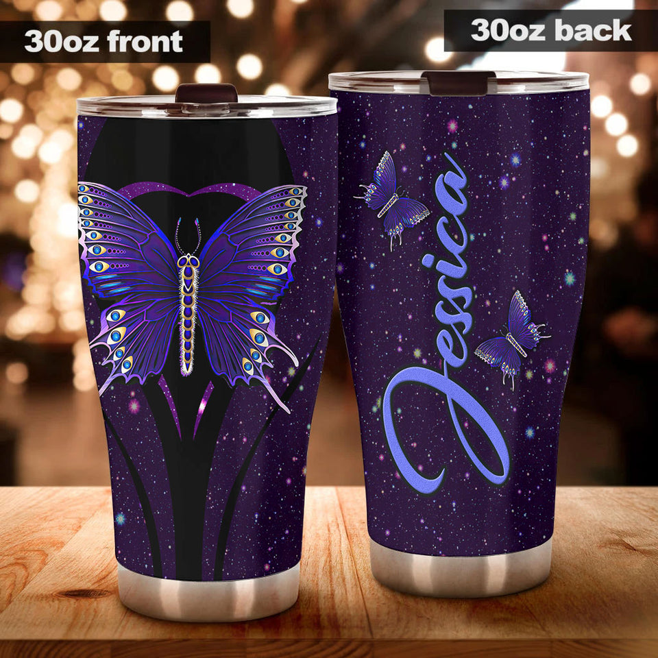 Camellia Personalized Purple Butterfly Heart Galaxy Graphics Stainless Steel Tumbler - Double-Walled Insulation Thermal Cup With Lid Gift For Memorial Day