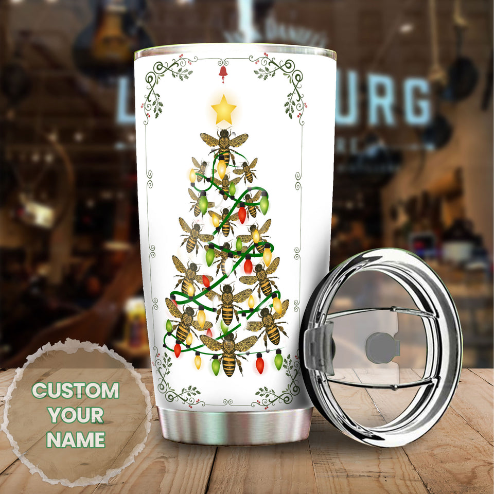 Camellia Personalized Oh Christmas Bee Honey Christmas Tree Stainless Steel Tumbler - Double-Walled Insulation Thermal Cup With Lid Gift For Xmas