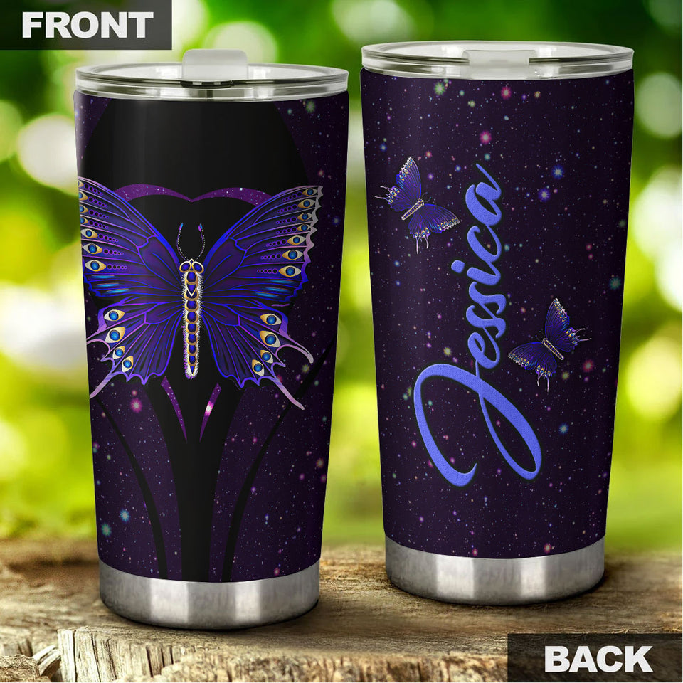 Camellia Personalized Purple Butterfly Heart Galaxy Graphics Stainless Steel Tumbler - Double-Walled Insulation Thermal Cup With Lid Gift For Memorial Day