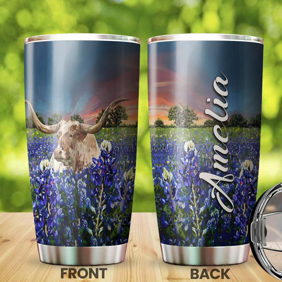 Camellia Personalized Texas Bull Longhorn Flowers Field Nature Graphics Stainless Steel Tumbler - Double-Walled Insulation Travel Thermal Cup With Lid Gift For Texas American
