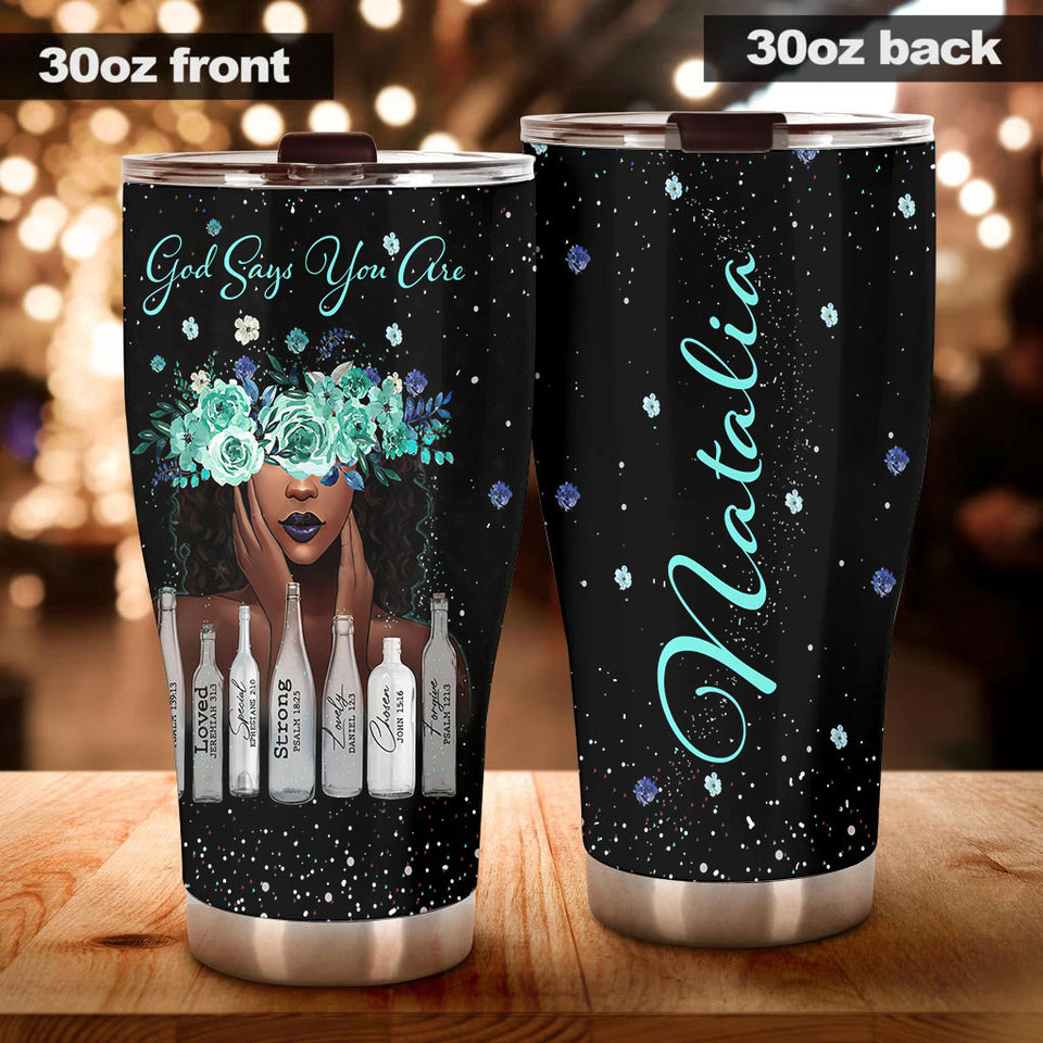 Camellia Personalized Afro Girl God Says You Are Unique Strong Loved Stainless Steel Tumbler - Double-Walled Insulation Travel Thermal Cup With Lid Gift For Black Women Girl