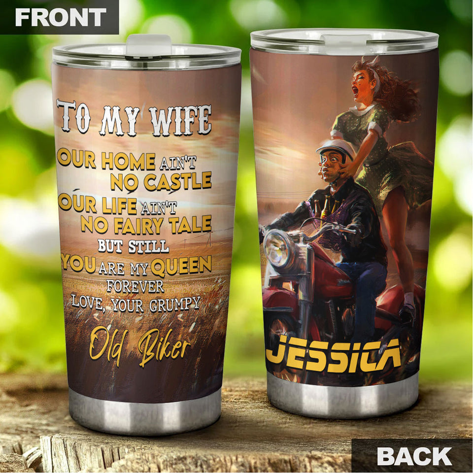 Camellia Personalized Biker Couple To My Wife Loving Letters Stainless Steel Tumbler - Double-Walled Insulation Travel Thermal Cup With Lid Gift For Valentines Day Couple Wife
