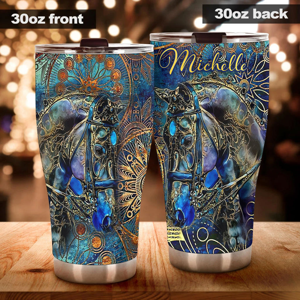 Camellia Personalized Viking Celtic Metal Style Horse Graphics Stainless Steel Tumbler - Double-Walled Insulation Travel Thermal Cup With Lid Gift For Horse Lover