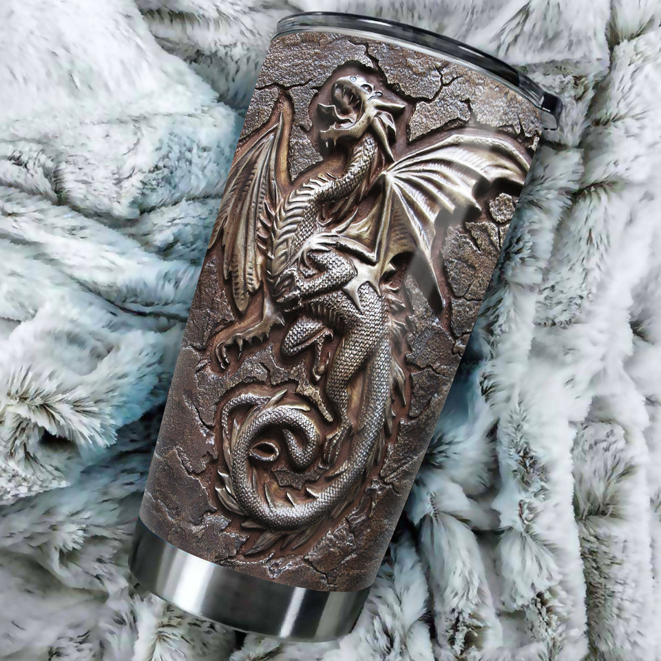 Camellia Personalized Viking Berserker Dragon Metal Style Graphic Stainless Steel Tumbler - Double-Walled Insulation Travel Thermal Cup With Lid Gift For Viking Lover