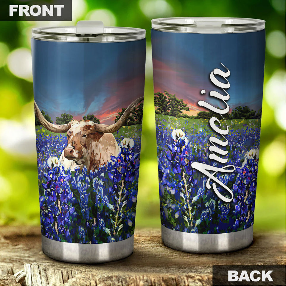 Camellia Personalized Texas Bull Longhorn Flowers Field Nature Graphics Stainless Steel Tumbler - Double-Walled Insulation Travel Thermal Cup With Lid Gift For Texas American