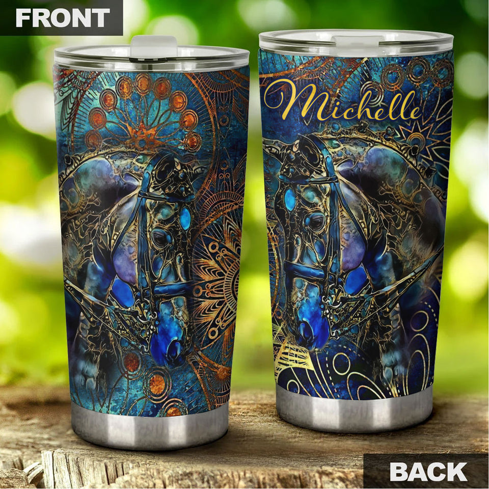 Camellia Personalized Viking Celtic Metal Style Horse Graphics Stainless Steel Tumbler - Double-Walled Insulation Travel Thermal Cup With Lid Gift For Horse Lover