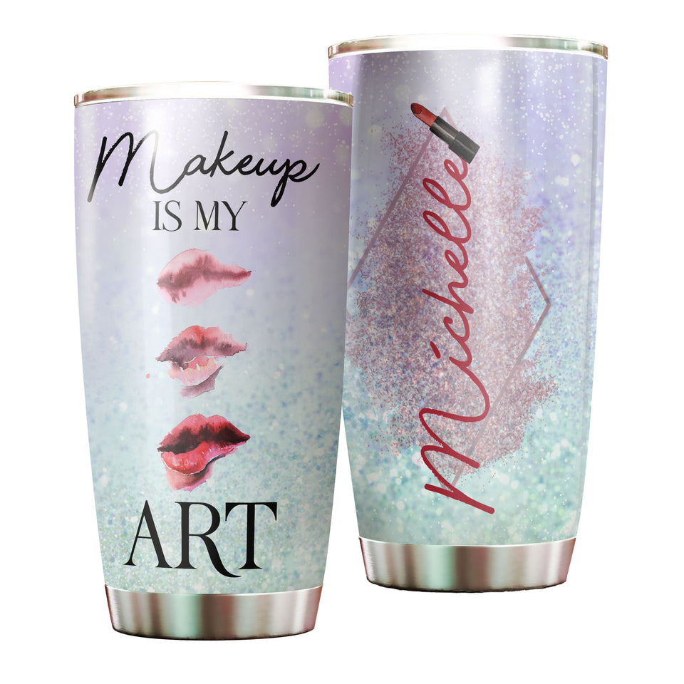 Camellia Personalized Make Up Is My Art Lipstick Stainless Steel Tumbler - Double-Walled Insulation Travel Thermal Cup With Lid Gift For Make Up Artist Hairstylist Women