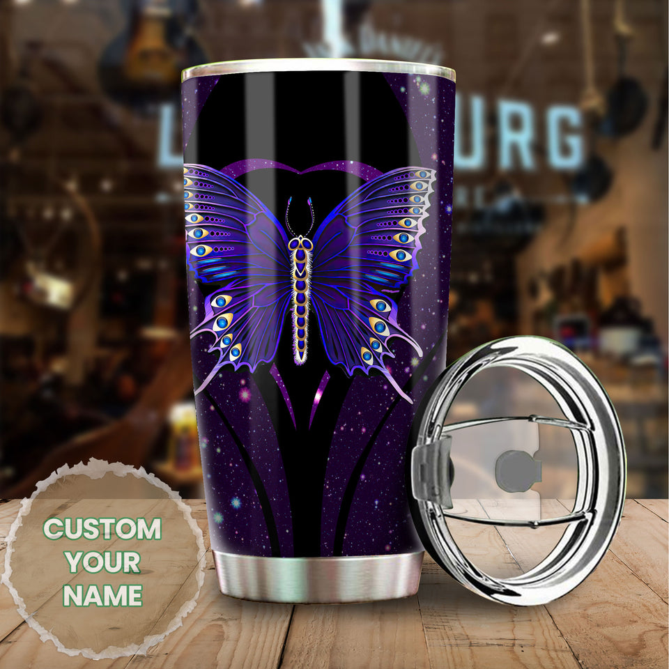 Camellia Personalized Purple Butterfly Heart Galaxy Graphics Stainless Steel Tumbler - Double-Walled Insulation Thermal Cup With Lid Gift For Memorial Day
