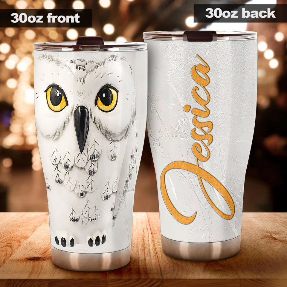 Camellia Personalized White Owl Nature Forest Graphics Stainless Steel Tumbler - Double-Walled Insulation Thermal Cup With Lid Gift For Owl Animal Lover
