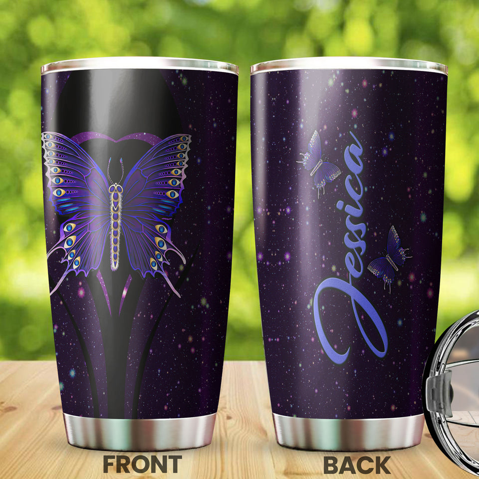Camellia Personalized Purple Butterfly Heart Galaxy Graphics Stainless Steel Tumbler - Double-Walled Insulation Thermal Cup With Lid Gift For Memorial Day