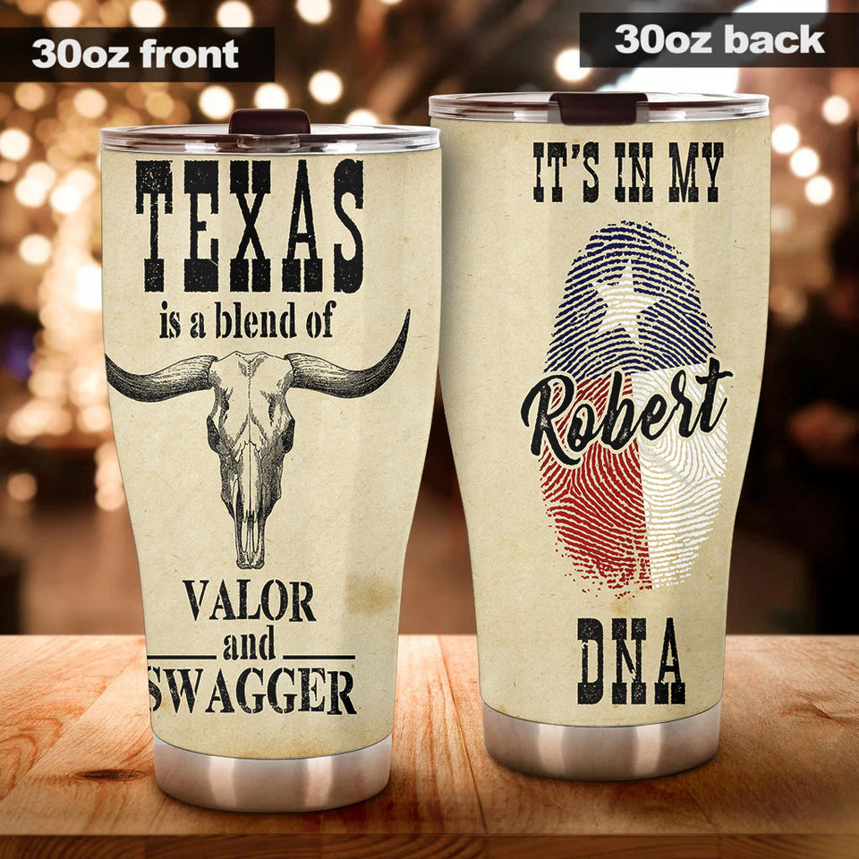 Camellia Personalized Longhorn Texas Blend Of Valor And Swagger Stainless Steel Tumbler - Double-Walled Insulation Travel Thermal Cup With Lid Gift For Texas Cowboy American