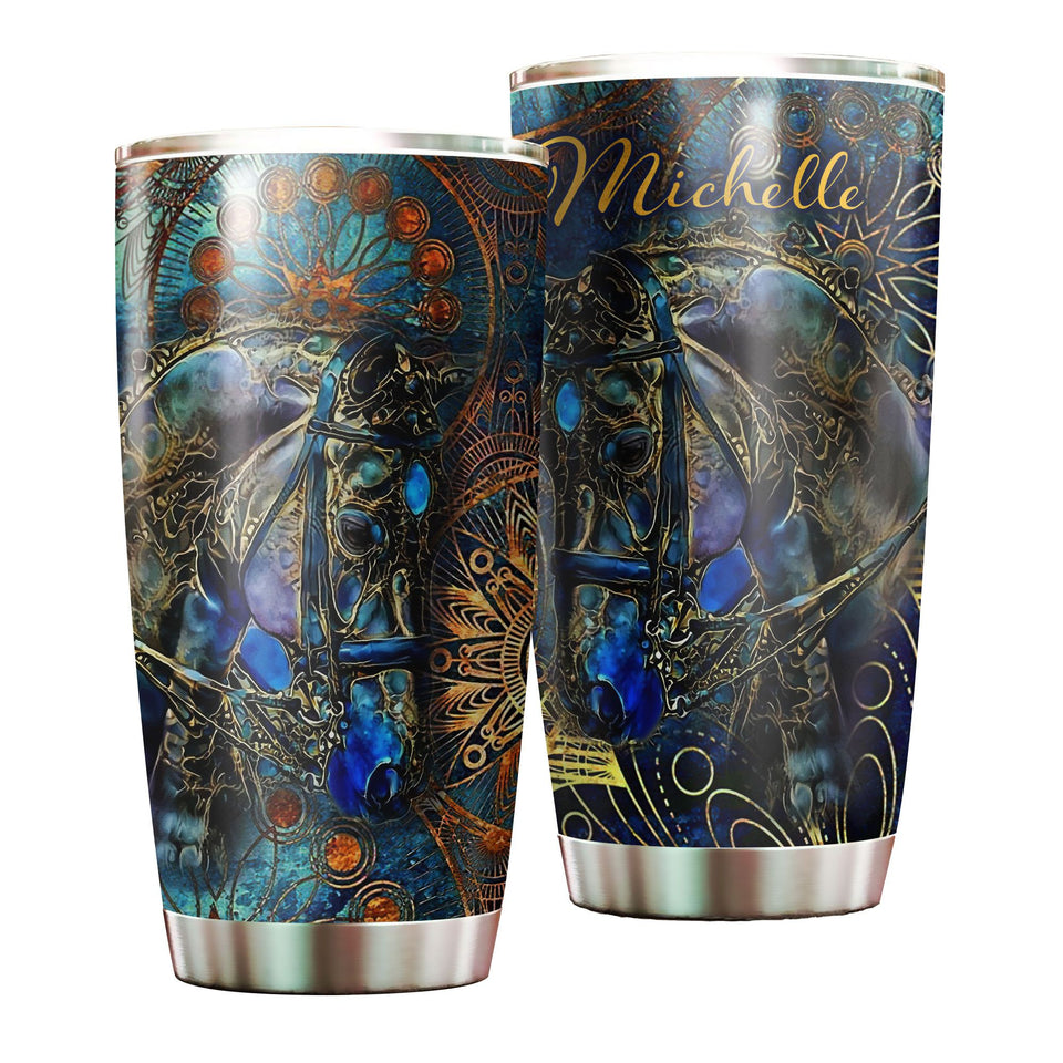 Camellia Personalized Viking Celtic Metal Style Horse Graphics Stainless Steel Tumbler - Double-Walled Insulation Travel Thermal Cup With Lid Gift For Horse Lover