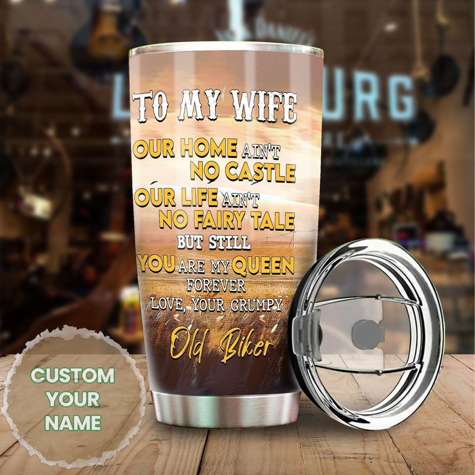 Camellia Personalized Biker Couple To My Wife Loving Letters Stainless Steel Tumbler - Double-Walled Insulation Travel Thermal Cup With Lid Gift For Valentines Day Couple Wife