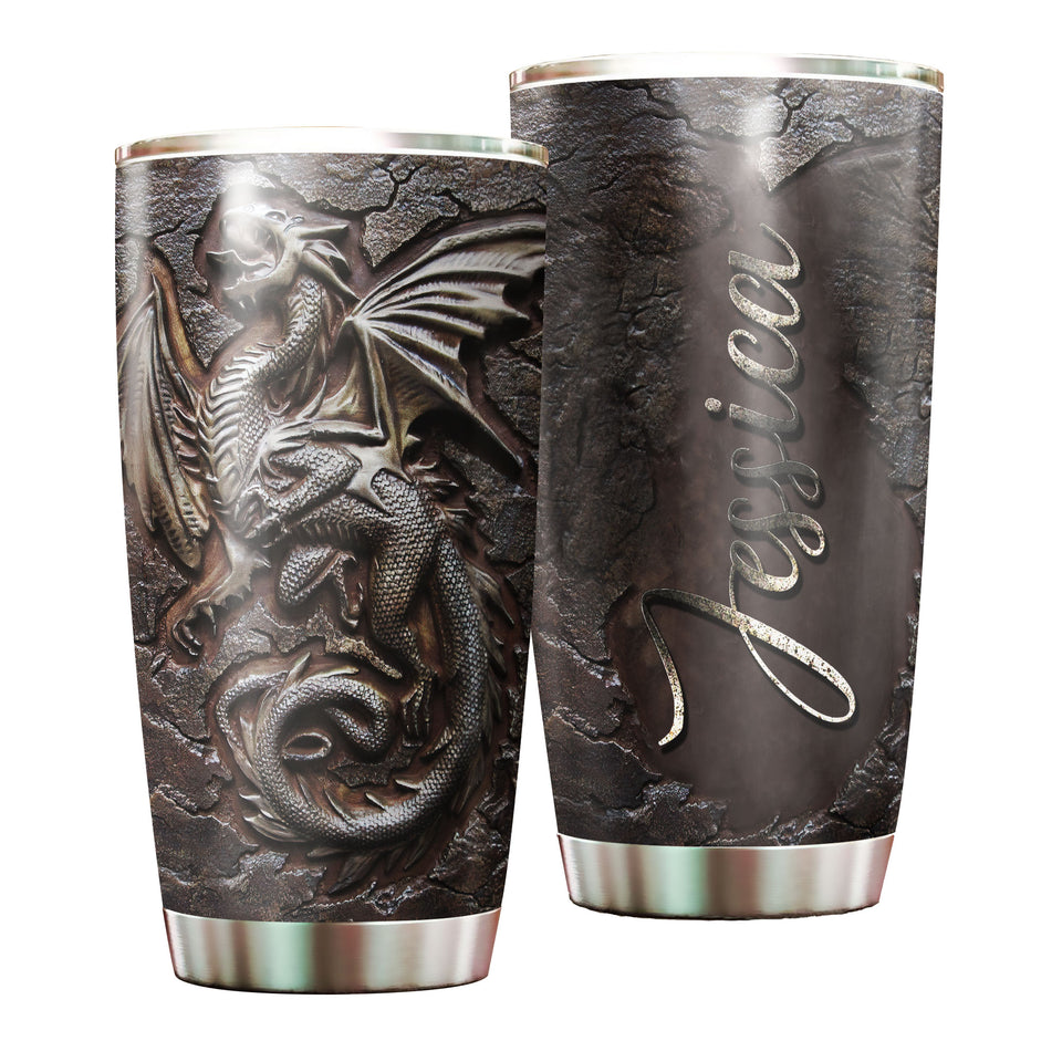 Camellia Personalized Viking Berserker Dragon Metal Style Graphic Stainless Steel Tumbler - Double-Walled Insulation Travel Thermal Cup With Lid Gift For Viking Lover