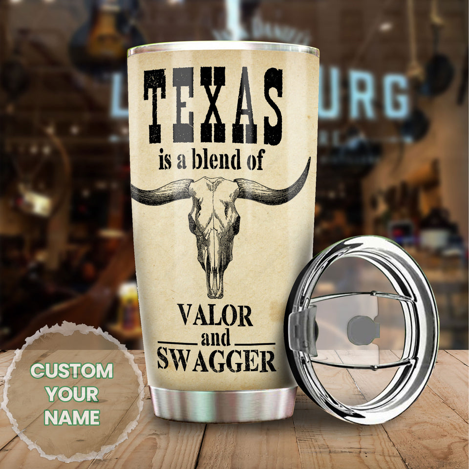 Camellia Personalized Longhorn Texas Blend Of Valor And Swagger Stainless Steel Tumbler - Double-Walled Insulation Travel Thermal Cup With Lid Gift For Texas Cowboy American