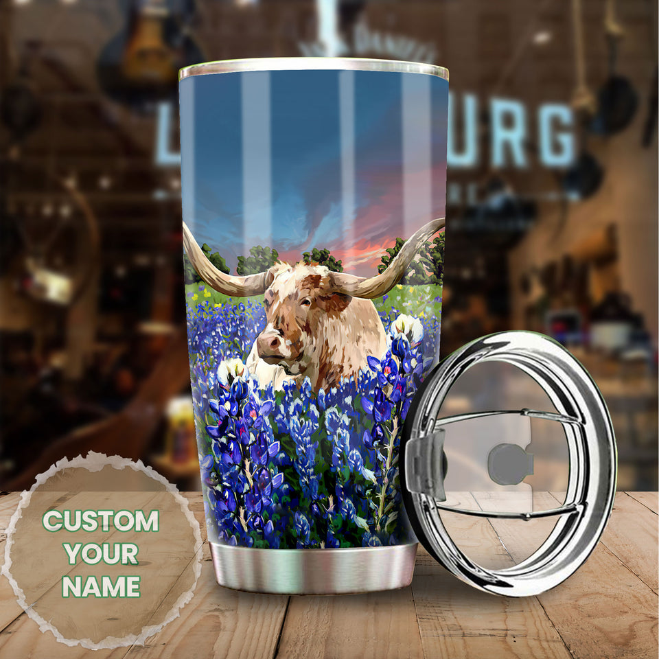 Camellia Personalized Texas Bull Longhorn Flowers Field Nature Graphics Stainless Steel Tumbler - Double-Walled Insulation Travel Thermal Cup With Lid Gift For Texas American