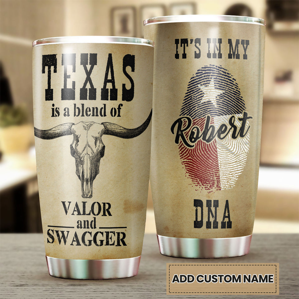 Camellia Personalized Longhorn Texas Blend Of Valor And Swagger Stainless Steel Tumbler - Double-Walled Insulation Travel Thermal Cup With Lid Gift For Texas Cowboy American