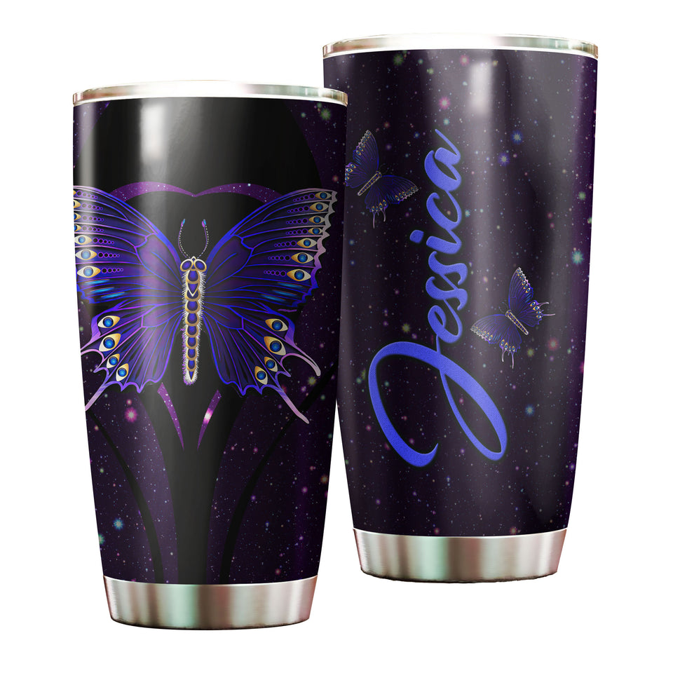 Camellia Personalized Purple Butterfly Heart Galaxy Graphics Stainless Steel Tumbler - Double-Walled Insulation Thermal Cup With Lid Gift For Memorial Day