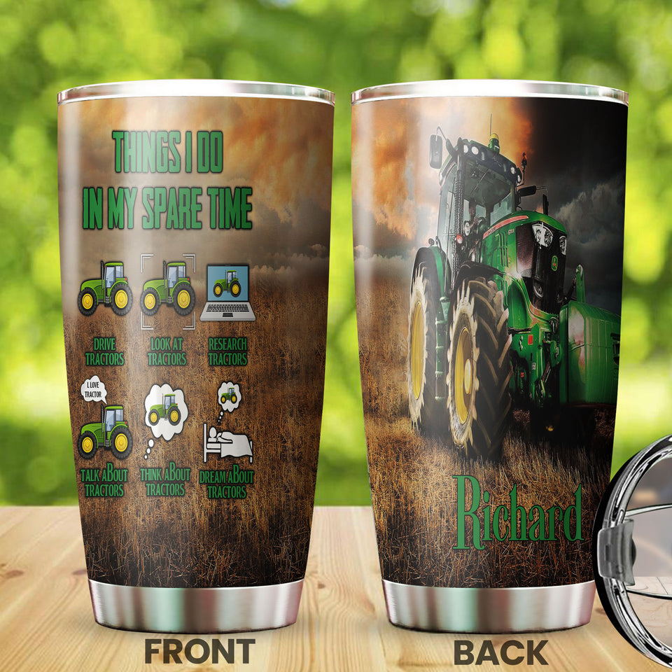 Camellia Personalized Green Tractor Things I Do In My Spare Time Farming Stainless Steel Tumbler - Double-Walled Insulation Travel Thermal Cup With Lid Gift For Farm Tractor Lover