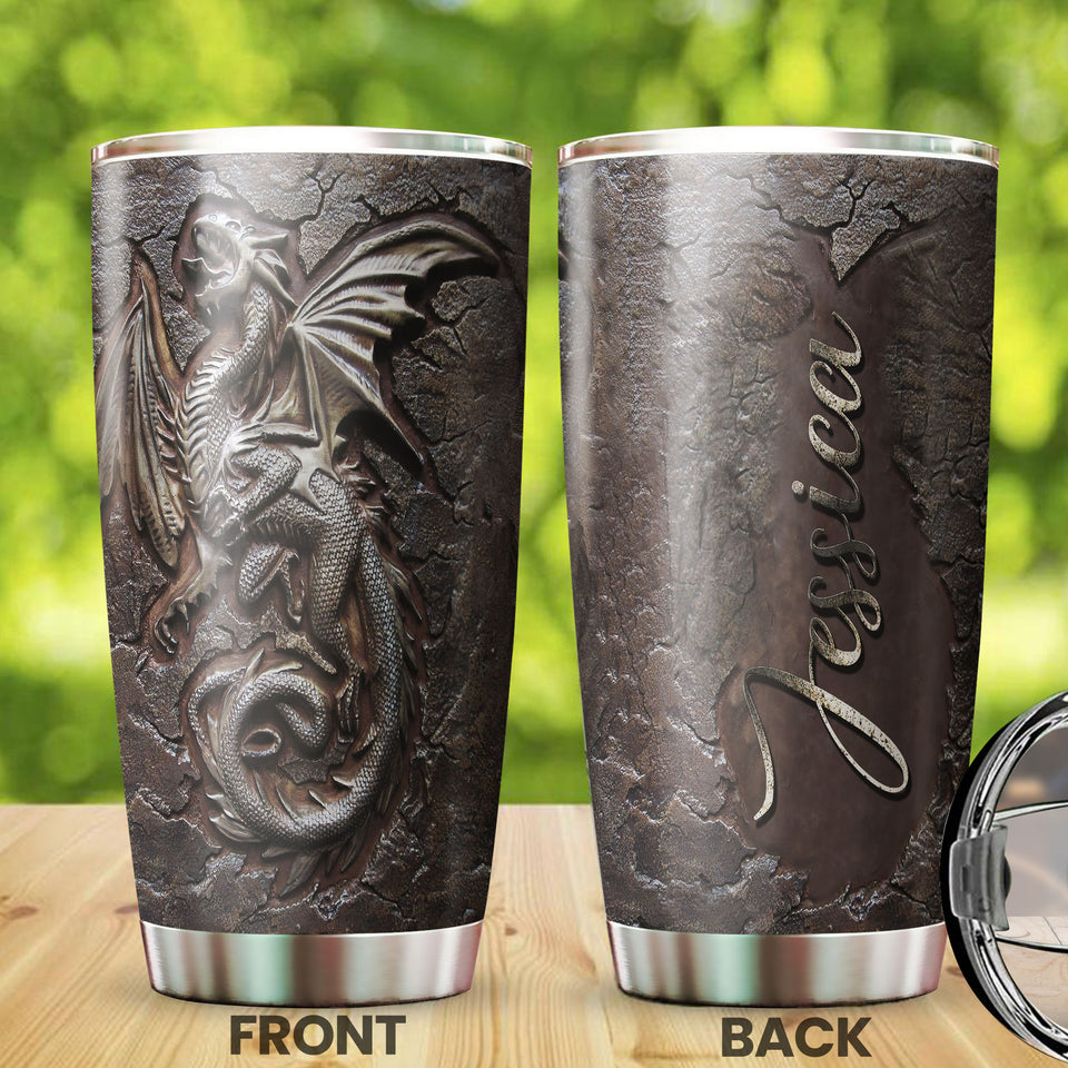 Camellia Personalized Viking Berserker Dragon Metal Style Graphic Stainless Steel Tumbler - Double-Walled Insulation Travel Thermal Cup With Lid Gift For Viking Lover