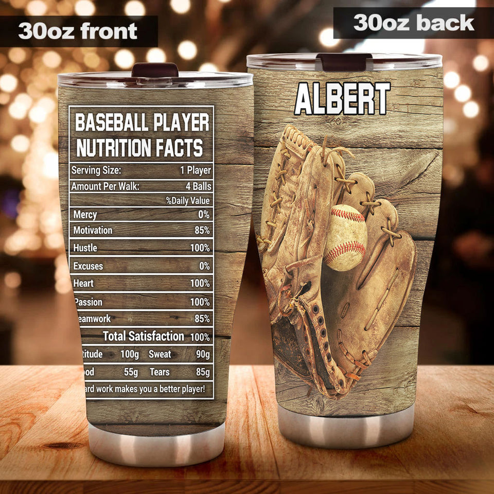 Camellia Personalized Baseball Player Nutrition Facts Stainless Steel Tumbler - Double-Walled Insulation Sporty Thermal Cup With Lid Gift For Sport Lover