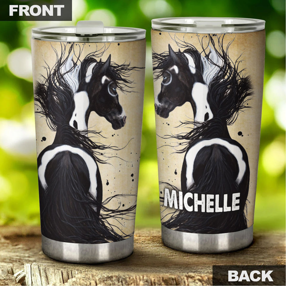 Camellia Personalized Horse Graphics Stainless Steel Tumbler - Double-Walled Insulation Travel Thermal Cup With Lid Gift For Horse Lover Barrel Racing Fan